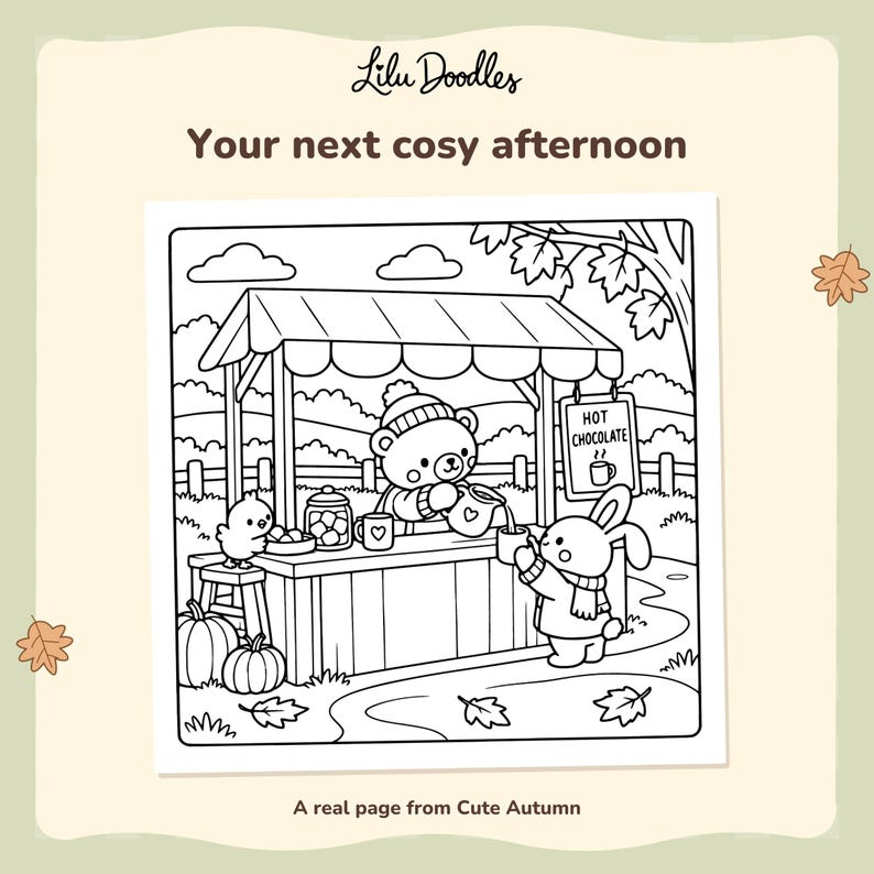 Black-and-white Cute Autumn page with a bear pouring a drink at a hot chocolate stall, a chick on a stool and a bunny beside the counter.