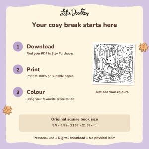 Download, print and color instructions with a trick-or-treat page preview. Original PDF size: 8.5 x 8.5 inches, 21.59 x 21.59 cm. Personal use.