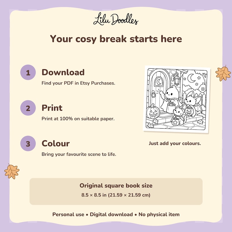 Download, print and color instructions with a trick-or-treat page preview. Original PDF size: 8.5 x 8.5 inches, 21.59 x 21.59 cm. Personal use.