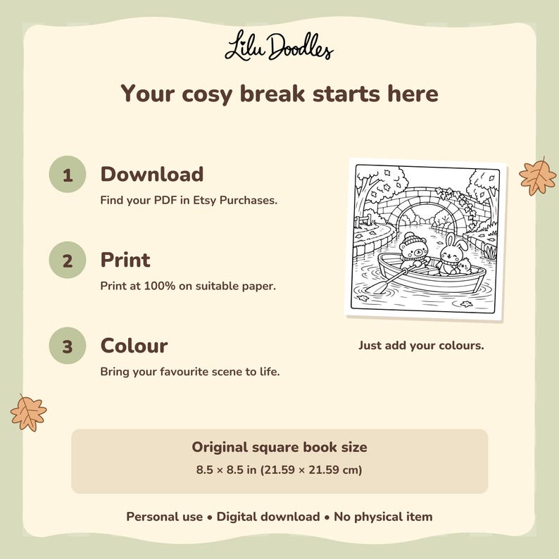 Download, print and color instructions with an animal canal-boat scene. Original PDF size: 8.5 x 8.5 inches, 21.59 x 21.59 cm. Personal use.