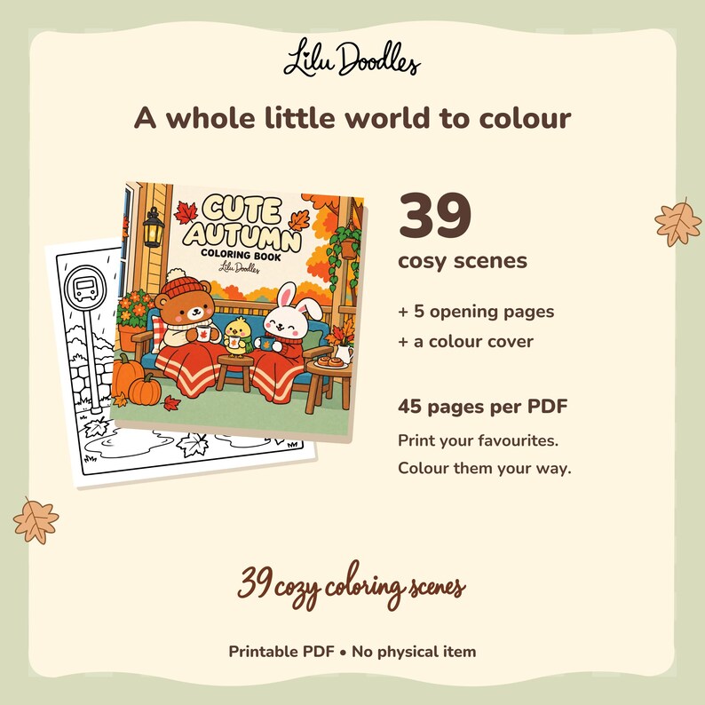Cute Autumn contents: 39 main scenes, five opening pages and a color cover, totaling 45 PDF pages. Cover and rainy bus stop preview shown together.