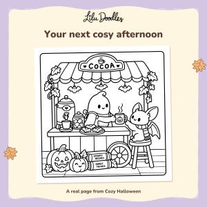 Black-and-white coloring page of a ghost and bat at a cocoa cart decorated with pumpkins and bats, shown with a complete square frame.