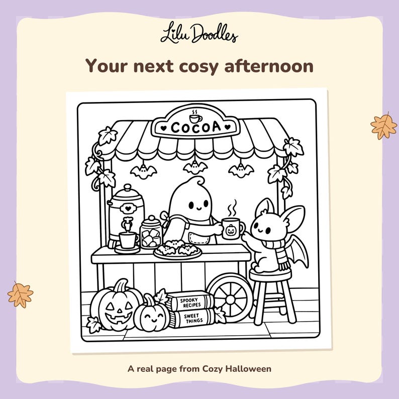 Black-and-white coloring page of a ghost and bat at a cocoa cart decorated with pumpkins and bats, shown with a complete square frame.