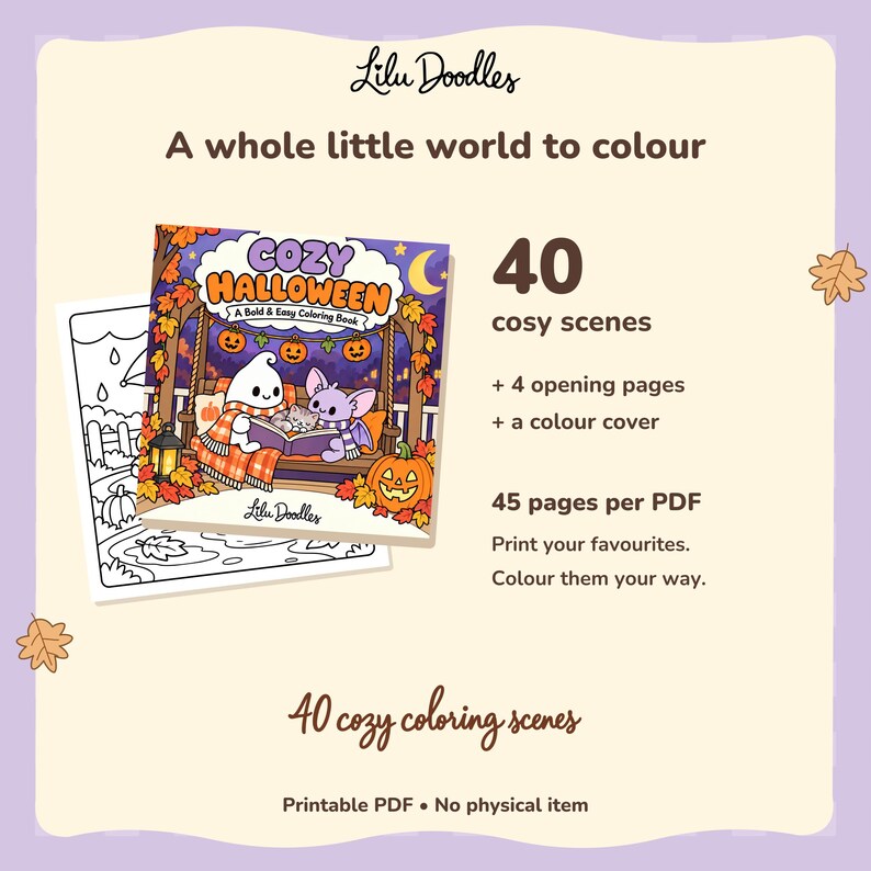 Cozy Halloween contents: 40 main scenes, four opening pages and a color cover, totaling 45 PDF pages. Cover and an interior preview shown together.