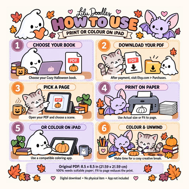 Six-step Cozy Halloween guide with a ghost, bat and kitten: download the PDF, choose a page, print or color in a compatible iPad app. Original size 8.5 x 8.5 inches. Digital item only.