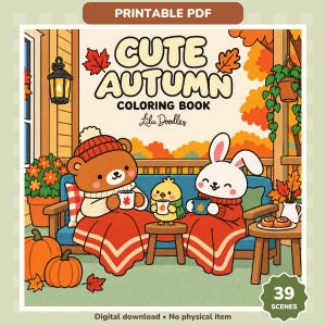 Large front-facing Cute Autumn cover with a bear, bunny and chick enjoying warm drinks. Sage border, 39 scenes badge and Printable PDF label. Digital download; no physical item.