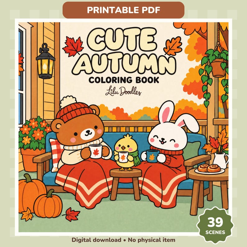 Large front-facing Cute Autumn cover with a bear, bunny and chick enjoying warm drinks. Sage border, 39 scenes badge and Printable PDF label. Digital download; no physical item.