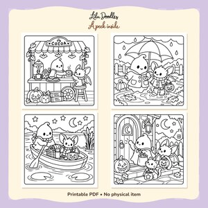 Four black-and-white Cozy Halloween previews: a cocoa cart, a rainy walk, a boat ride and trick-or-treating. Lilu Doodles printable coloring pages.