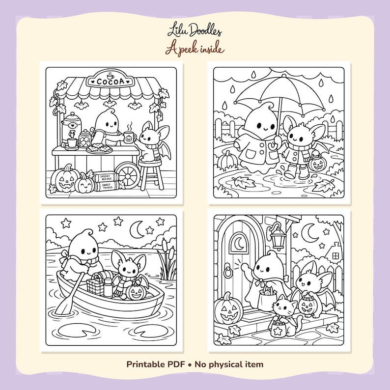 Four black-and-white Cozy Halloween previews: a cocoa cart, a rainy walk, a boat ride and trick-or-treating. Lilu Doodles printable coloring pages.