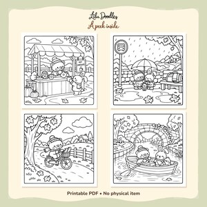Four black-and-white Cute Autumn previews: a hot chocolate stall, a rainy bus stop, a bicycle ride and a canal boat with the animal characters.