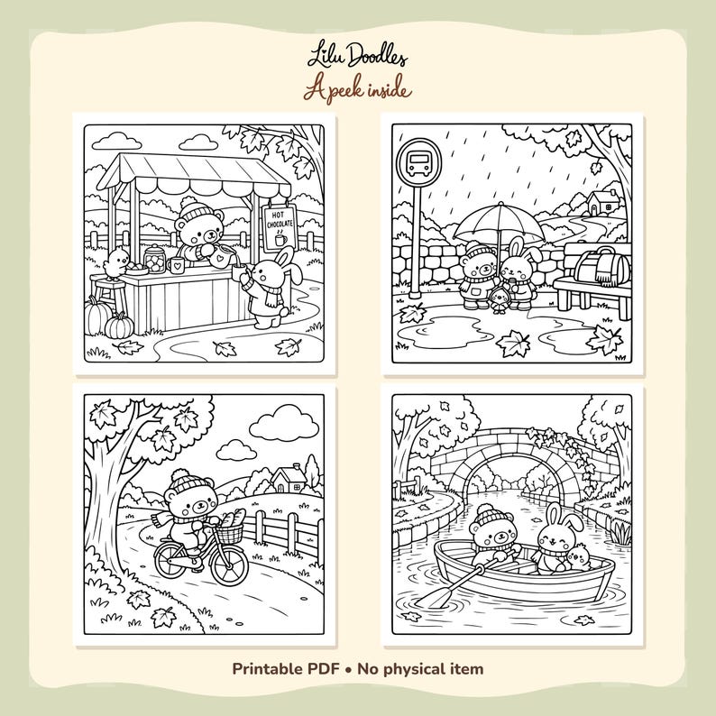 Four black-and-white Cute Autumn previews: a hot chocolate stall, a rainy bus stop, a bicycle ride and a canal boat with the animal characters.