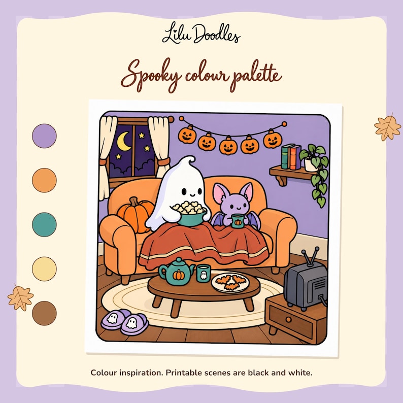 Colored movie-night example with a ghost and bat on an orange sofa and a palette of purple, orange, teal, yellow and brown. Download scenes are black and white.
