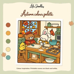 Colored autumn baking example with a bear, bunny and chick making rolls in a cozy kitchen. Warm orange and green palette; download scenes are black and white.