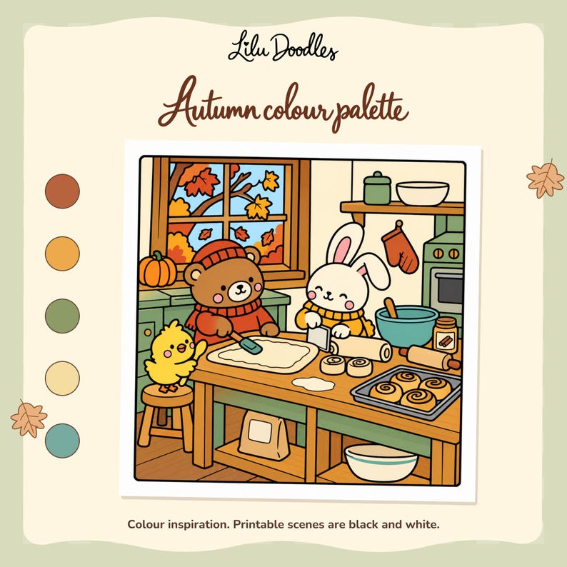 Colored autumn baking example with a bear, bunny and chick making rolls in a cozy kitchen. Warm orange and green palette; download scenes are black and white.