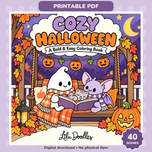 Large front-facing Cozy Halloween cover with a ghost, bat and kitten reading on a porch. Purple border, 40 scenes badge and Printable PDF label. Digital download; no physical item.