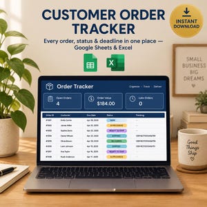 Könnte beinhalten: Eine digitale Vorlage zur Kundenauftragsverfolgung für Google Sheets und Excel auf einem Laptop-Bildschirm. Die Benutzeroberfläche zeigt ein Dashboard mit Auftragsstatistiken sowie eine detaillierte Tabelle mit Auftrags-IDs und Status.