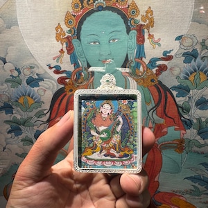 Collector Hand-Painted Sarasvati Thangka Amulet | 24k Gold, Mineral Pigments | Signed by Master Zhou Qiu | Lhasa Tibet