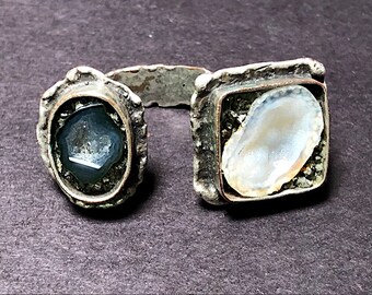 Unmarked Silver Studio Made Geode Ring Open with Textured Band and Setting