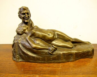 1920 Max Drah Signed Bronze Statue Drunk Woman Embracing The Devil Foundry Mark Wein MNF Bacchus