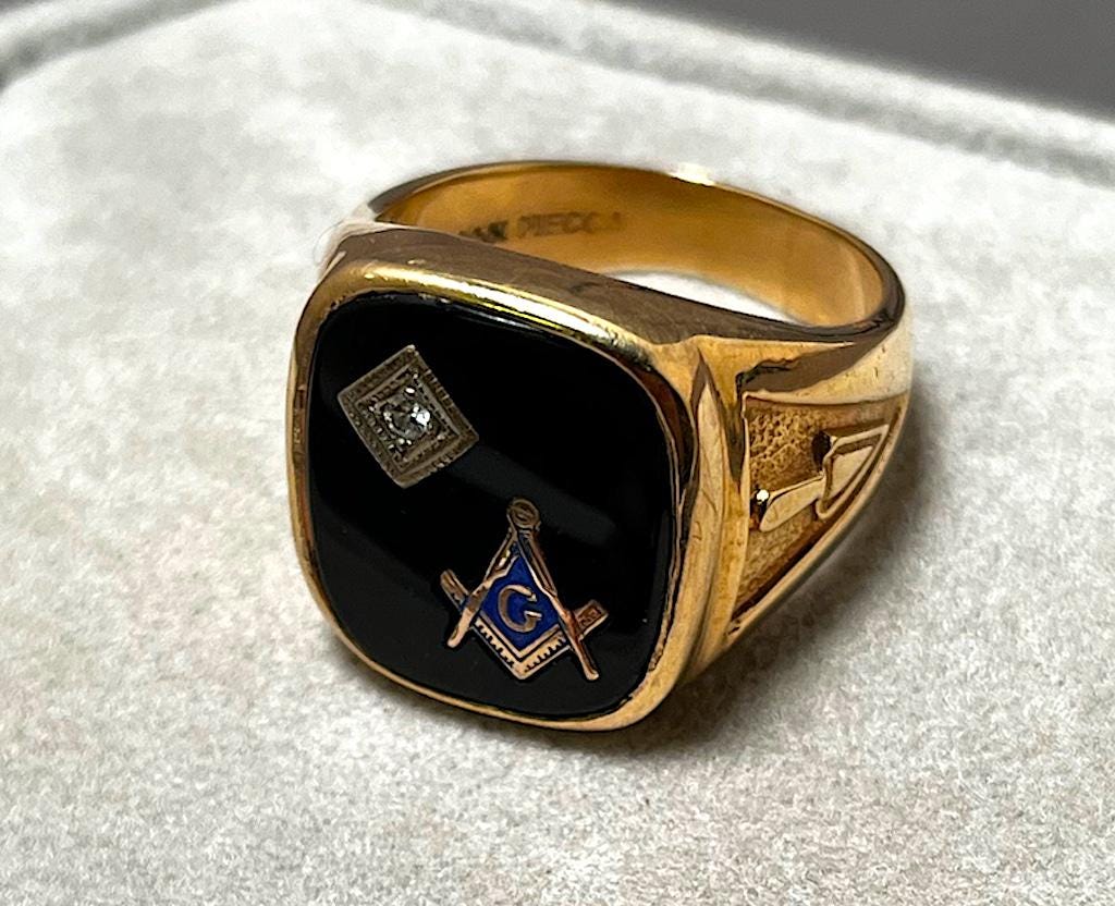 Mens 14k Gold Blue Lodge Masonic Ring by Mecca Onyx and Diamond 8 Size