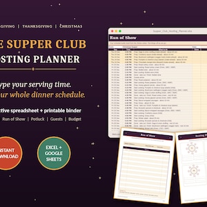 Può includere: Il Supper Club Hosting Planner include un foglio di calcolo digitale e un raccoglitore stampabile con programma, piani dei posti a sedere e strumenti di budget. Lo sfondo viola scuro mostra testo dorato tra cui Friendsgiving, Thanksgiving e Christmas.