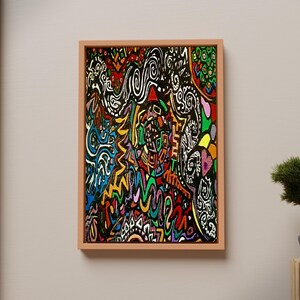 May include: A rectangular framed wall art piece featuring a dense, colorful abstract composition. The artwork displays intricate black and white swirling patterns, jagged lines, and vibrant blocks of red, blue, green, and yellow.