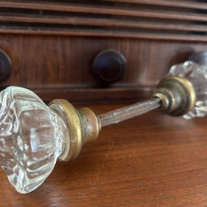 Pair of Antique Glass Door Knobs with Spindle and Collars