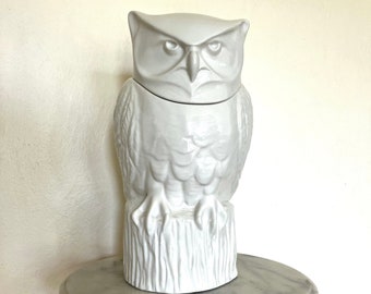 vintage carbone Italian solid white pottery owl cookie jar