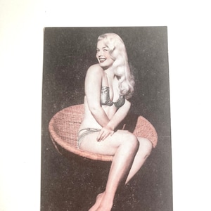 vintage pinup female photo ephemera card with blond woman in lingerie