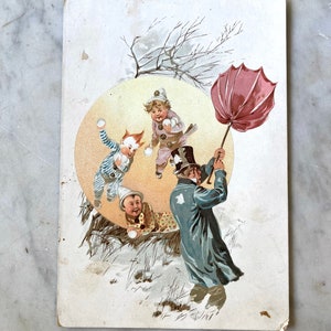 vintage print of kids throwing snowballs at a passerby with an inverted umbrella