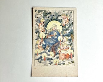vintage illustrated postcard with madonna and child with angels on forest printed in Germany