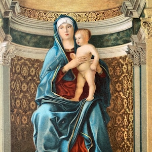 May include: A vintage religious print depicting the Virgin Mary holding the infant Jesus. Mary is draped in a blue robe with gold trim, seated against a backdrop of ornate architectural details and gold patterned wallpaper.