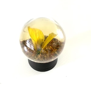 May include: A clear, spherical paperweight with a yellow butterfly encased within. The butterfly is surrounded by small, brown pebbles. The paperweight sits on a black, circular base, creating a unique decorative item.