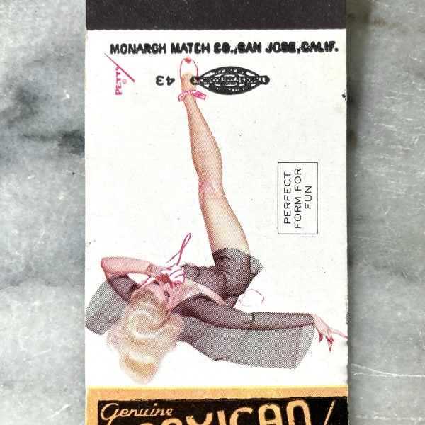 vintage “perfect form for fun” pinup match box cover joe’s place spanish foods oceanside, california