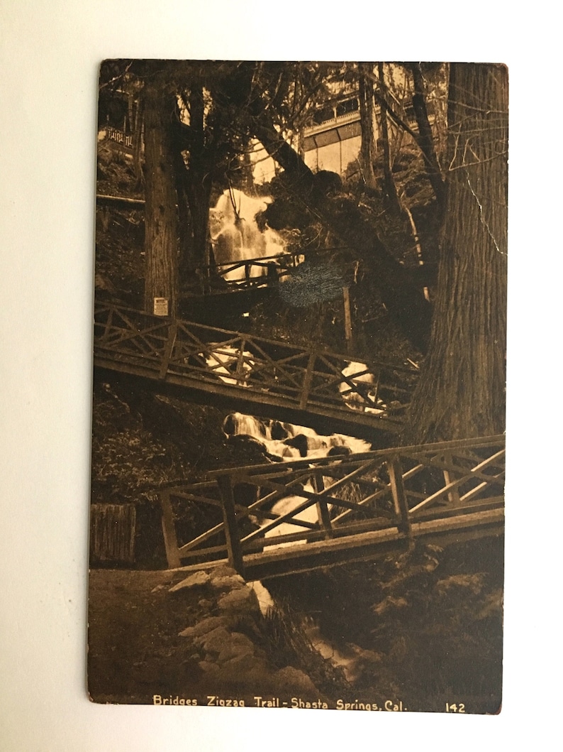vintage 1911 bridges zigzag trail shasta springs postcard