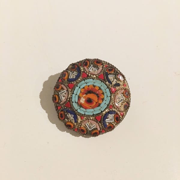 antique micro mosaic round floral brooch pin made in italy