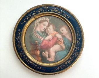 antique framed image after raphael’s madonna of the chair in round floral gilded frame