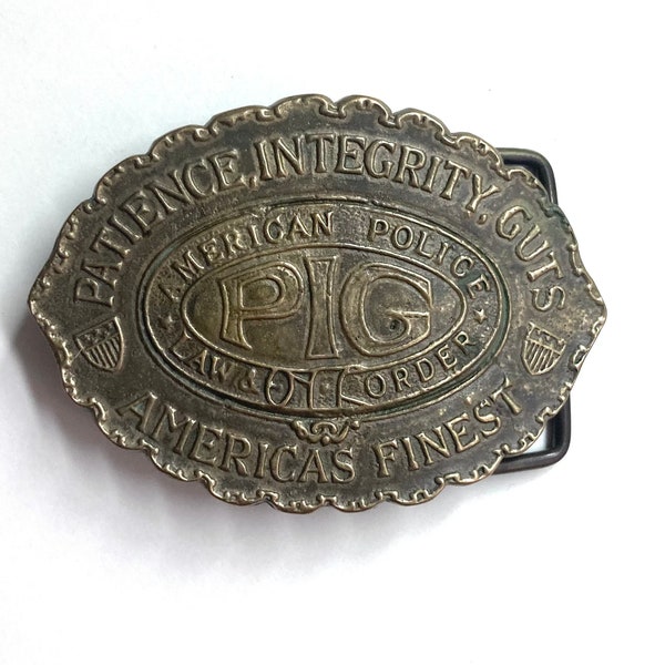 vintage brass belt buckle “patience, integrity, guts american police law & order, americas finest”