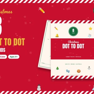 Può includere: Un libro di attività natalizie di unisci i puntini per bambini con 8 pagine. La copertina è rossa e bianca con icone festive come una campana, una stella, un albero e un pupazzo di neve. Testo: Christmas 8 DOT TO DOT FOR KIDS, Count & Color.