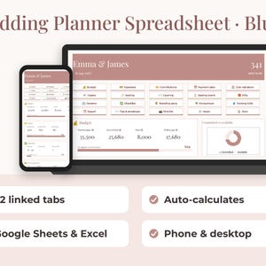 Puede incluir: Una hoja de cálculo digital para planificar bodas en tonos rubor mostrada en la pantalla de un portátil y un teléfono. La interfaz incluye pestañas para presupuesto, lista de invitados y proveedores. El texto incluye "Wedding Planner Spreadsheet · Blush", "Emma & James", "22 linked tabs", "Auto-calculates", "Google Sheets & Excel" y "Phone & desktop".