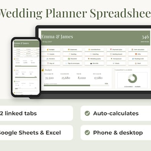 Puede incluir: Una hoja de cálculo digital para planificar bodas mostrada en una pantalla de portátil y smartphone. La interfaz presenta detalles en verde salvia, pestañas organizadas para presupuesto, invitados y proveedores, y un gráfico circular.