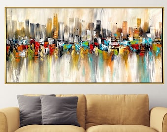 Großes abstraktes Stadt Skyline Gemälde auf Leinwand, bunte moderne Wandkunst