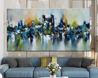 Cityscape wall art, bridge and the city view, Beautiful urban abstract night city painting on canvas, Large wall art for living room