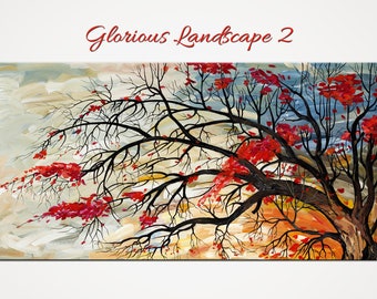 Abstract Tree Painting, Autumn Art Deco, Large Acrylic Canvas
