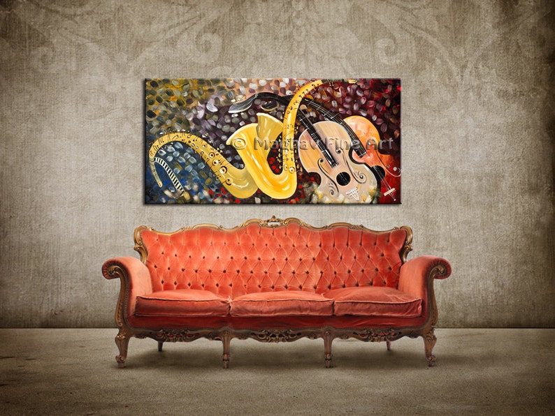 May include: A colorful abstract painting of a saxophone and violin on a textured background. The painting is displayed above a red velvet sofa with ornate wooden legs.
