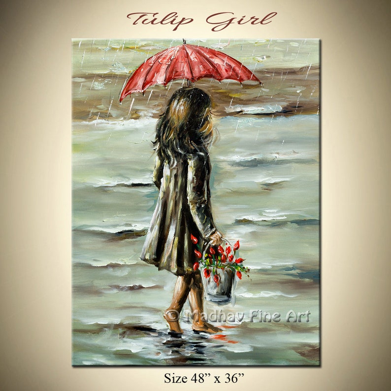 Nursery Painting Little Tulip Girl In The Rain Painting Girl With Flowers School Nursery Decoration Large Girl Painting Size 48x36