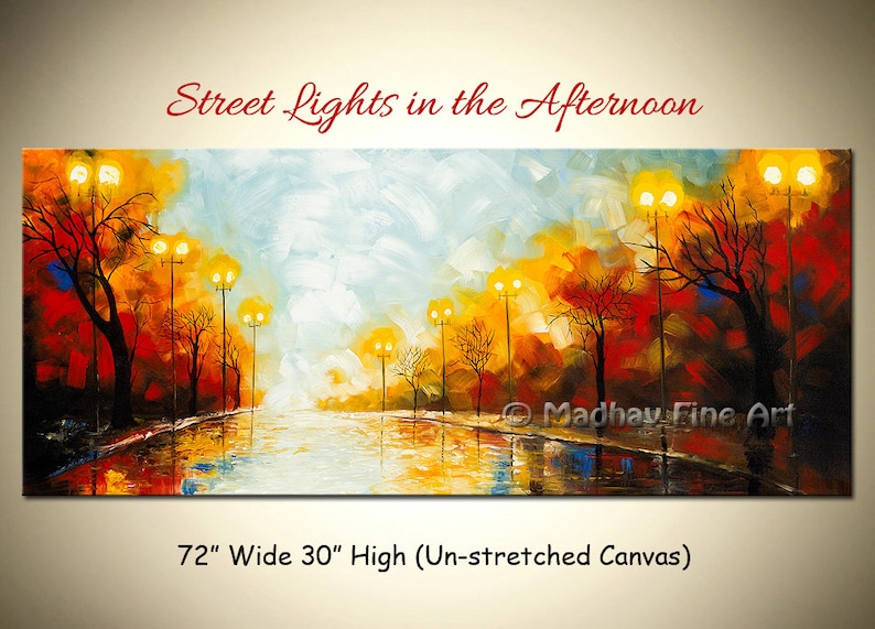 May include: A painting of a street scene with streetlights and trees in the background. The sky is a light blue with white clouds. The street is wet and reflecting the light from the streetlights. The painting is 72 inches wide and 30 inches high.