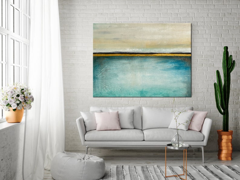 Abstract Ocean Art Gold Leaf Acrylic Painting Unstretched Etsy UK