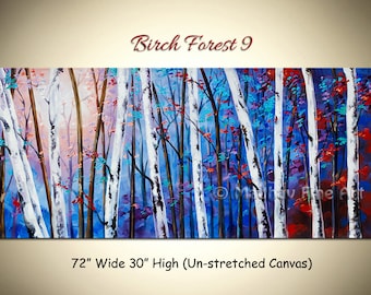 Large Birch Trees Painting, Abstract Blue Forest Landscape, 72x30 Canvas Art (Unstretched)