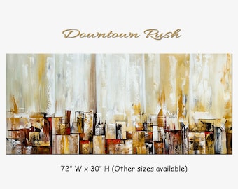Gran pintura abstracta, lienzo blanco y marrón, Downtown Rush (183 x 76 cm)